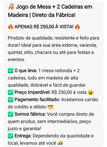 Jogo de mesa bistro em madeira. 1 mesa 2 cadeiras.direto da fabrica. Tampão de 54cm. 