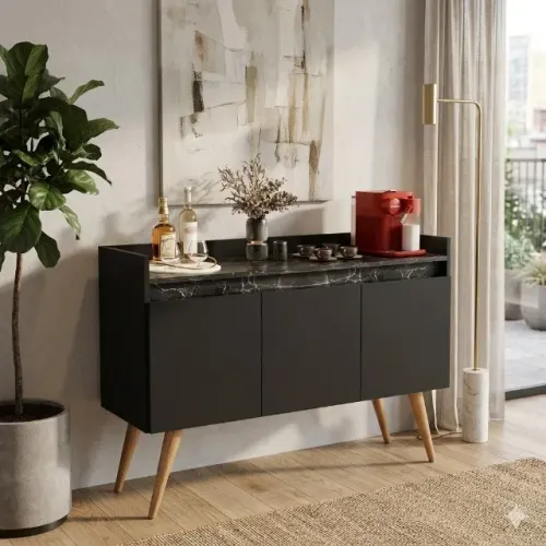 Buffet Gold Marmorizado Com 3 portas Na Cor Preto/Marmore Novo! (Frete Grátis)