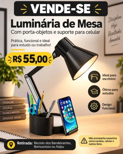 Luminária de Mesa com Porta-Objetos e Suporte para Celular