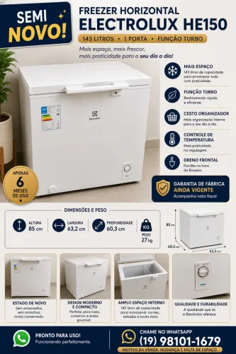 Freezer Electrolux HE150 143L Semi Novo - 6 Meses de Uso e Garantia