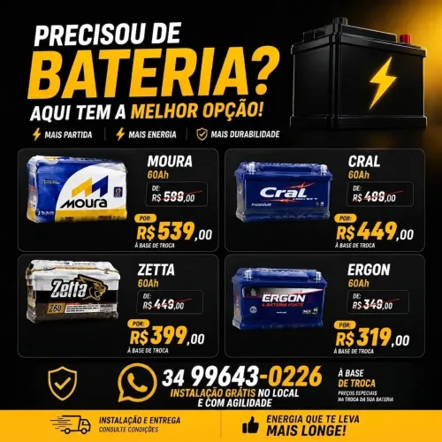 Baterias Automotivas - Instalação Grátis no Local