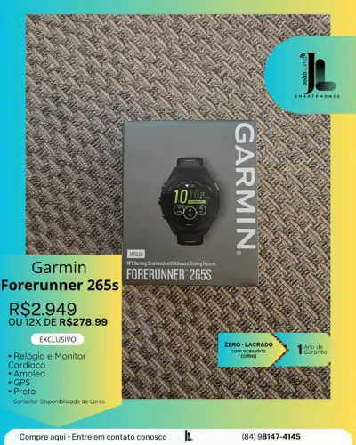 GARMIN FORERUNNER 265S, PRETO, LACRADO, EXCLUSIVO!