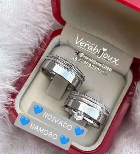 KIT TRIO DE ALIANÇAS NAMORO NOIVADO E COMPROMISSO EM OURO BRANCO NOBRE GARANTIA VITALÍCIA