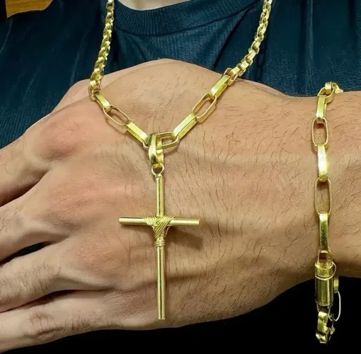 Cordão corrente colar tijolinho Meia cana + Pulseira + Pingente 100% moedas antigas