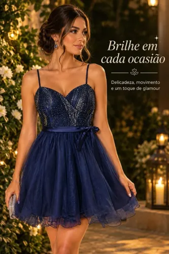 VESTIDO DE FESTA AZUL MARINHO COM DETALHES EM BRILHO