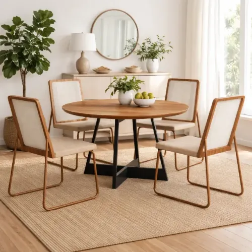 Mesa de Jantar Atria Redonda com 4 Cadeiras Wood 1751 em Aço e Mdf Tecido Linho Carraro