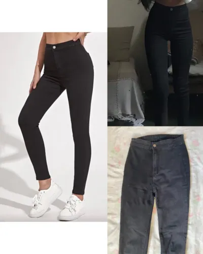  Calça jeans preta cintura alta com bolso skinny reta escolar volta as aulas (16 anos) 