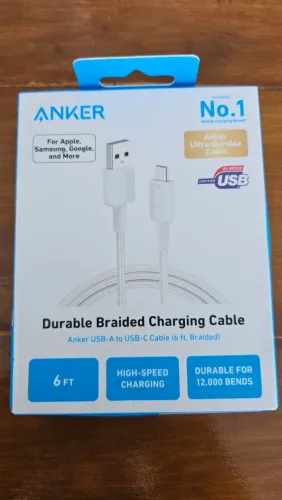 Cabo Anker Branco USB-C para USB-A 1,8m trançado novo na caixa
