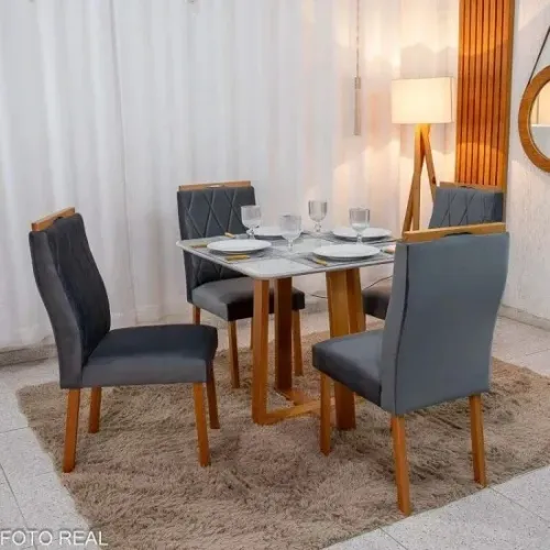 Mesa de Jantar Sofia 90x90 C/4 Cadeiras em Veludo MDF rf42 S