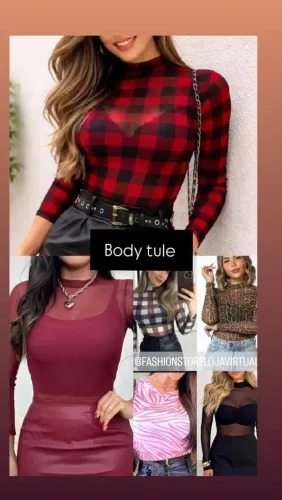 Body tule manga longa várias cores e estampas