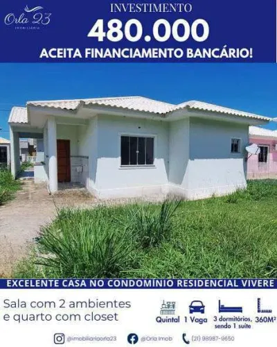 SÃO JOSÉ ORLA 23 IMOBILIÁRIA VENDE! EXCELENTE CASA EM CONDOMÍNIO COM 3 QUARTOS EM MARICÁ.