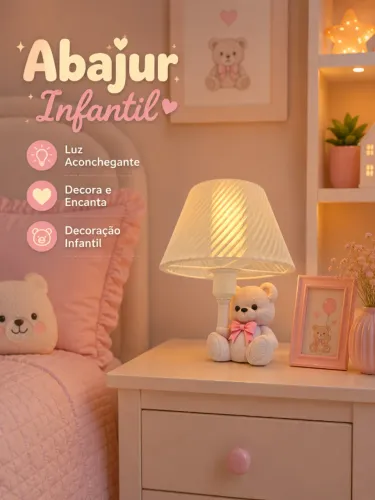 Abajur Infantil Ursinho com Laço | Luz LED Quente Inclusa | Decoração para Quarto Infantil