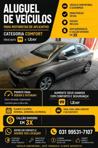 Aluguel de carro para motorista de APP uber, 99