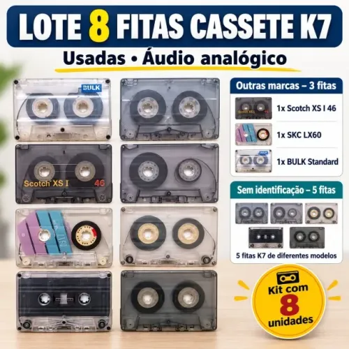 Lote com 8 Fitas Cassete K7 Regravaveis - Scotch, SKC, Bulk e Diversas - Usadas - R