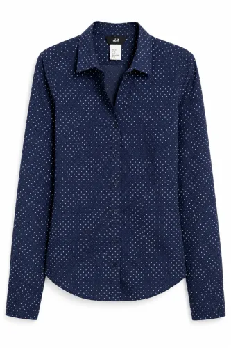 Camisa H&M Feminina Slim Fit Azul Marinho Poá Tam 42