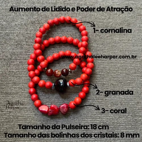 Pulseira Pedra Lei Atração Amor: Granada, Cornalina, Coral