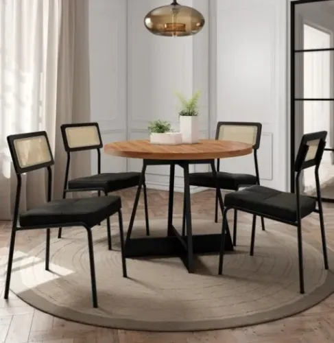 Mesa de Jantar ou Cozinha Átria 1594 Redonda 100 Preto/Nogal com 4 Cadeiras Lux Corino