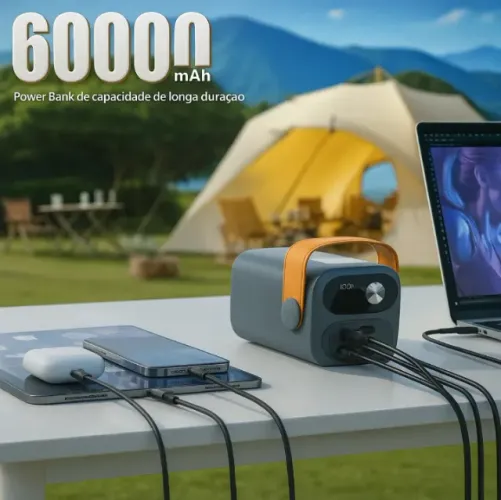 Power Bank 60.000mAh 22.5W Ultra Bateria Portátil carrega até 5 aparelhos Display Digital 