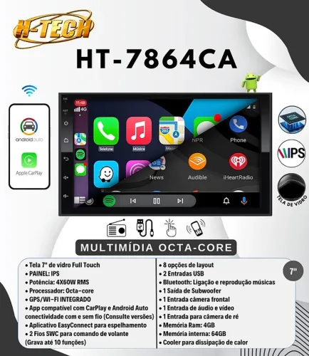 Multimidia H-Tech 7pol Qled Octacore 4gb 64gb Android Auto Carplay sem fio