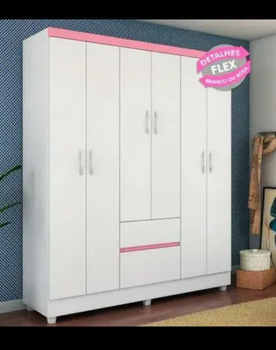 Guarda-Roupa 6 Portas Branco com Detalhes Rosa