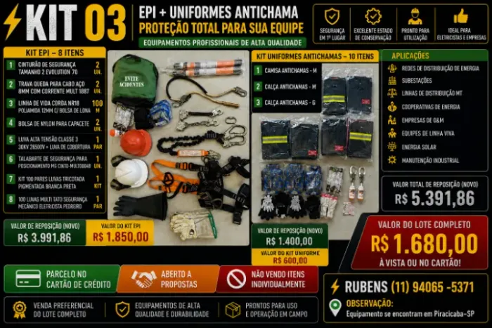 KIT EPI ELÉTRICO COMPLETO NR10 NR35 - CINTURÃO + TRAVA-QUEDA + LUVA ALTA TENSÃO + LINHA DE
