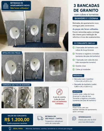 3 Bancadas de Granito com Cubas e Torneiras - Banheiro e Cozinha (cada 350)