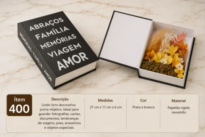 LIVRO DECORATIVO PORTA-OBJETOS - MEMÓRIAS, FAMÍLIA E AMOR