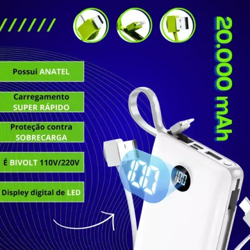 Carregador Portátil Power Bank 20000mAh - Só R$130,00! Com mostrador digital de energia
