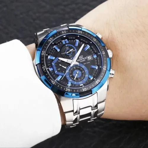 Relógio Masculino Edifice Prata com Detalhes Azul uma Ótima opção para Presente Top Luxo