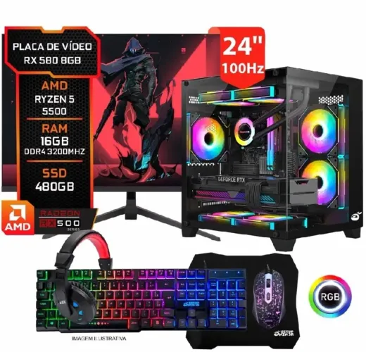 PC GAMER COMPLETO GB1796 RYZEN 5 5500 SSD 480GB 16GB DDR4 RX 580 8GB MONITOR 24 100HZ
