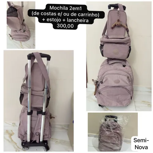 Mochila escolar de carrinho + estojo + lancheira kipling