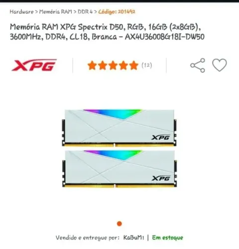 Memória Ram 16gb 2x8 3600mhz XPG D50 Branca