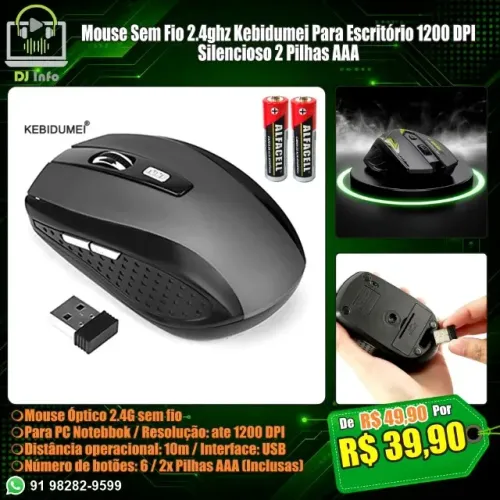 Mouse Sem Fio 2.4ghz Kebidumei Para Escritório 1200 DPI Silencioso 2 Pilhas AAA