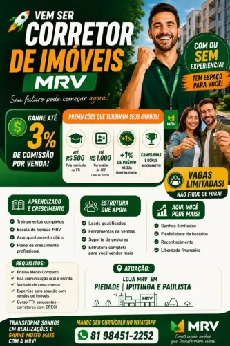 Vaga de Corretor(a) de Imóveis - Altos Ganhos por Comissão E Início Imediato