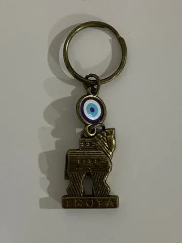 Chaveiro de metal vintage Cavalo de Troia com amuleto olho grego turco