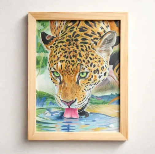 Quadro Decorativo Onça Pintada A4 - Desenho Realista Autoral com Moldura