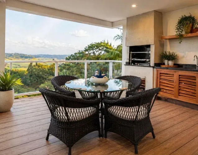 Mesa de jantar alumínio poltronas em tricô e corda náutica 