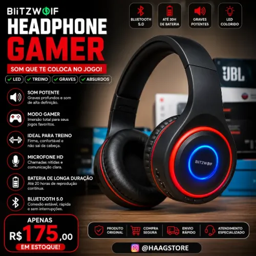Headphone BlitzWolf Bluetooth5.0 RGB Gamer/Graves Potentes|25Hs Bateria|Hi-Fi|Microfone HD