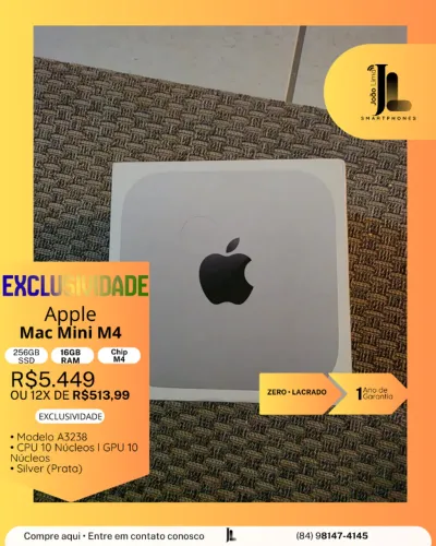 APPLE MAC MINI M4, CHIP M4, 256GB, 16GB RAM, LACRADO, EXCLUSIVIDADE!