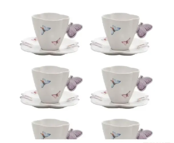 Linha Borboleta: Conjunto Xícaras Pires para Café 100ml, Chá 200m e Prato
