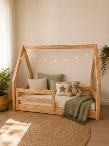 Cama montessoriana com colchão e roupa de cama