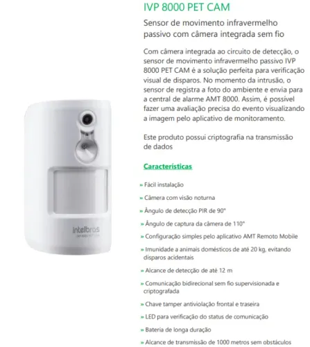 IVP 8000 PET CAM Sensor com câmera integrada sem fio