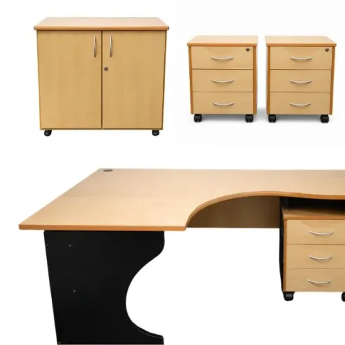 Conjunto de Escritório Completo - Mesa em L + Armário + 2 Móveis Auxiliares em 100% MDF
