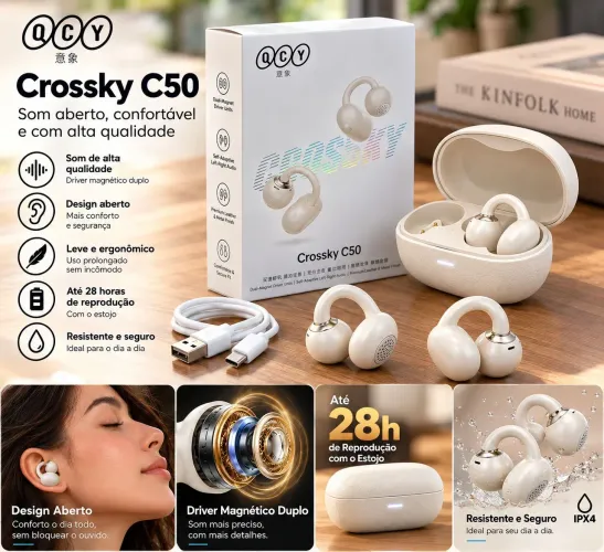 Fone Bluetooth QCY Crossky C50 Open Ear Sem Fio Branco