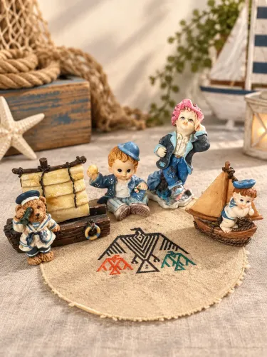Conjunto 4 Bibelôs Marinheiros Vintage + Barcos | Decoração Náutica