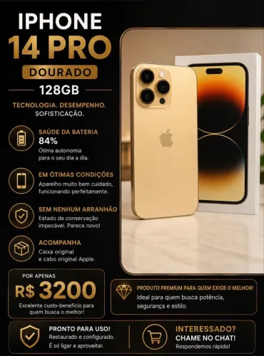 Vendo IPhone 14 Pro 128gb, com 84% de bateria, sem nenhuma avaria! R$ 3.200,00