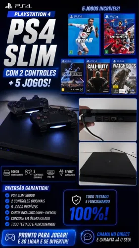 PS4 SLIM 500GB COM 5 JOGOS E 2 CONTROLES - PARCELO NO CARTÃO!!