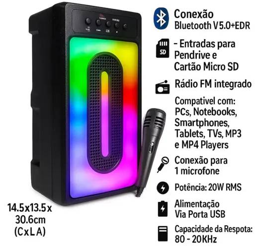 Caixa de Som Bluetooth Led RGB TWS  USB P2 Rádio FM Entrada P10 Com Mic Karaokê