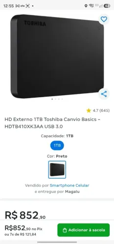 HD Externo 1TB Toshiba Canvio Basics - HDTB410XK3AA USB 3.0