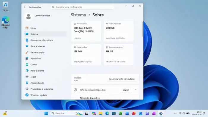 Notebook Lenovo IdeaPad 1i i3 12ª Geração, 20GB RAM e SSD 128GB